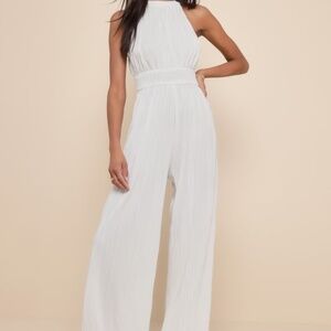 Lulus Flawless Mindset Ivory Satin Plisse Tie-back Jumpsuit White - Size S